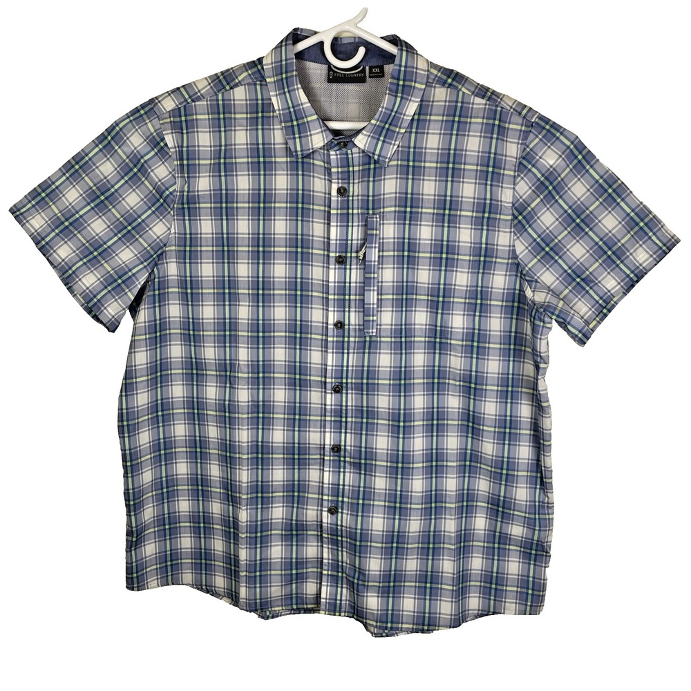 Free Country Men's Vented Button Up Shirt Size 2X XXL Blue Plaid Zippered Pocket